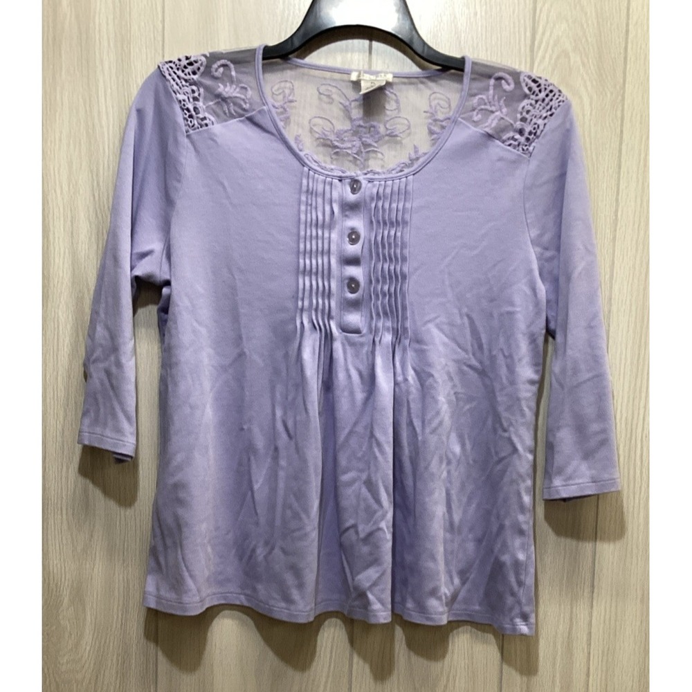 TOGETHER Women's (Size PL) 3/4 Sleeve 1/4 Button Lace Back Accent Shirt